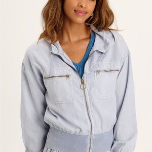 XCVI Women's Karney Distressed Bomber Jacket Size Medium Spry Blue 100% Tencel